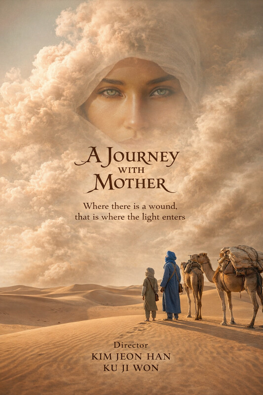 Poster for A Journey with Mother: a face formed from clouds above a desert caravan