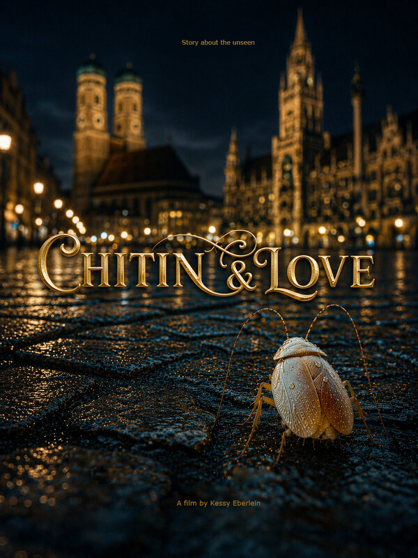 Poster for Chitin & Love: a beetle on wet cobblestones in front of a lit Munich square