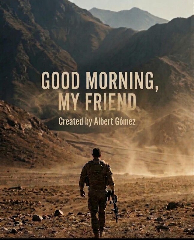 Poster for Good Morning, My Friend: a lone soldier walking into dust and mountains