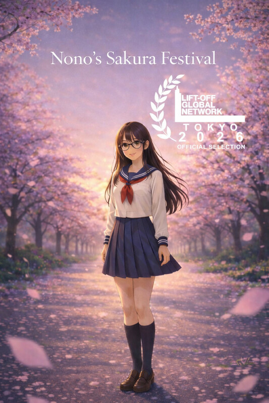 Poster for Nono's Sakura Festival: a schoolgirl standing under blooming cherry trees