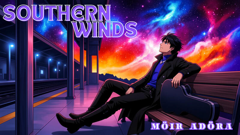 Poster for Southern Winds: a musician with a guitar case on a platform under a nebula sky