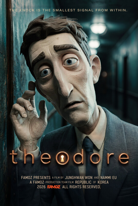 Poster for the0dore: a wide-eyed puppet-style man pressed against a corridor wall
