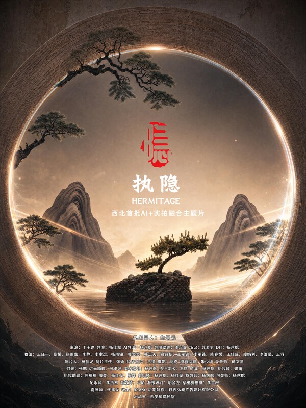 Poster for Zhi Yin: Hermitage, showing pines and mountains inside a glowing ring